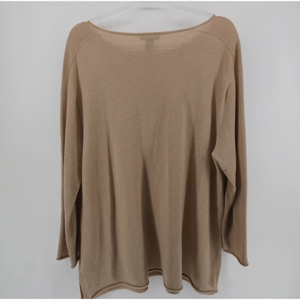 Eileen Fisher 100% Cashmere Boat Neck Sweater Camel Tan XL Minimalist Luxury